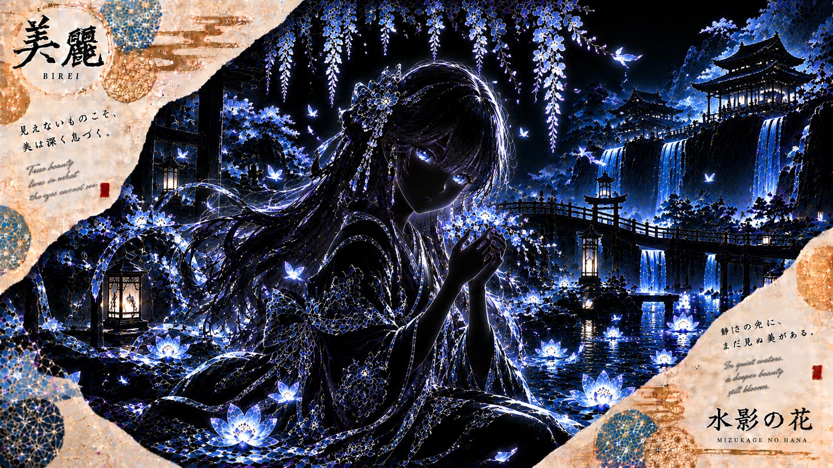 Mizukage no Hana: Water Silhouette Flower  In the quiet depth of night, glowing blue butterflies and | の人気AIイラスト・グラビア