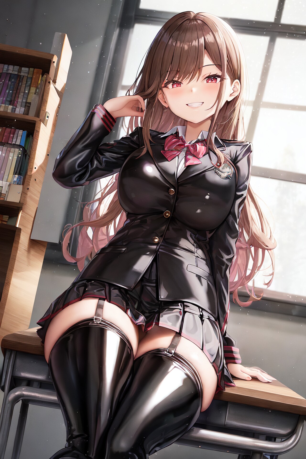 教室で机の上に座る茶髪ロングラバー制服JKちゃんHolaraAI