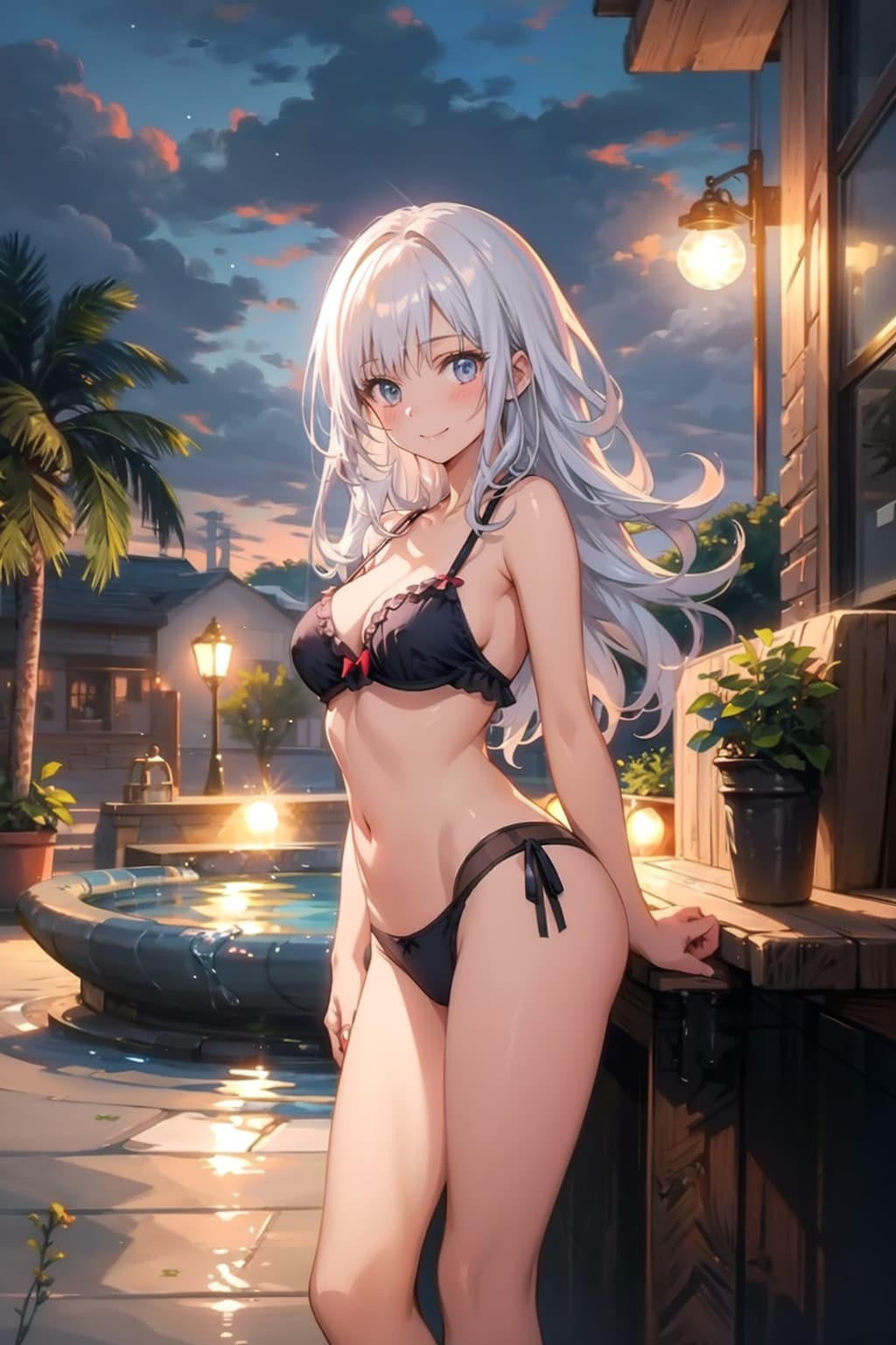 夜のプールで