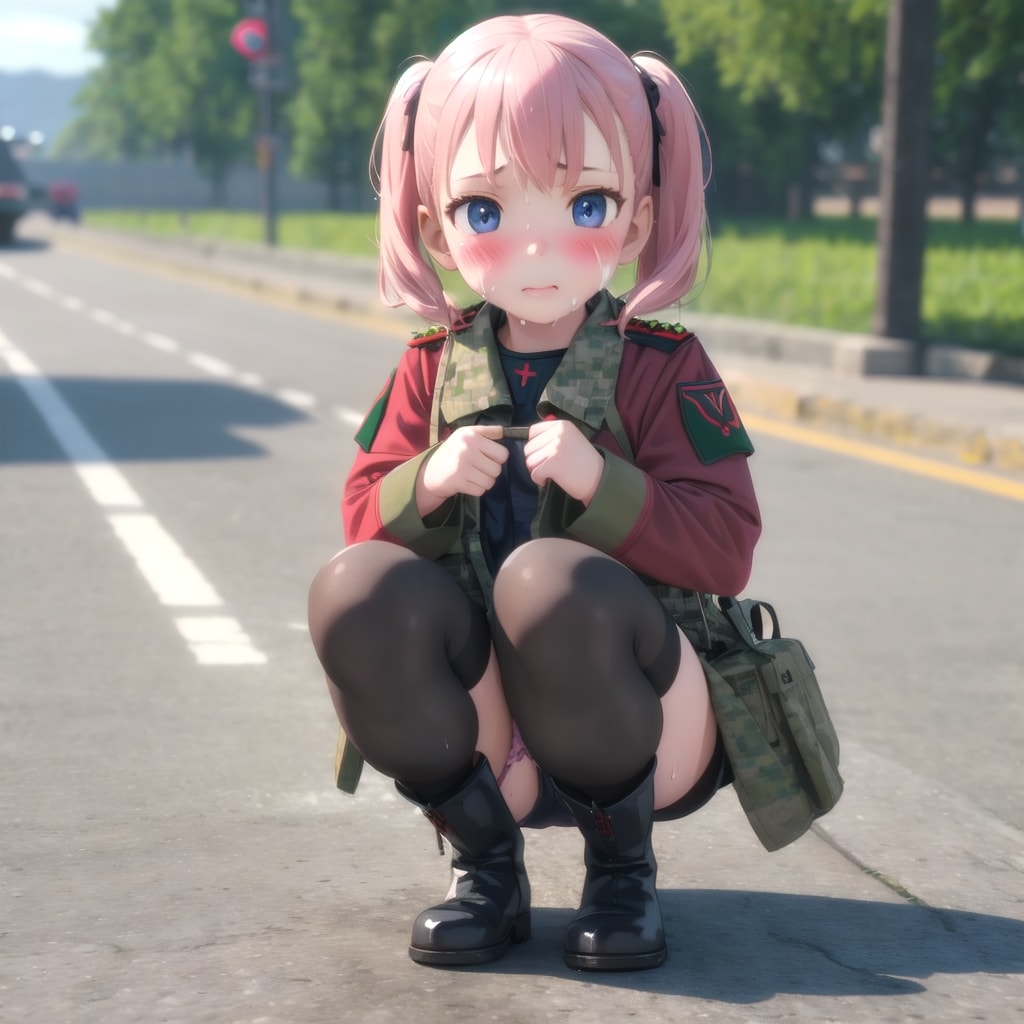 しゃがんでいる軍服少女