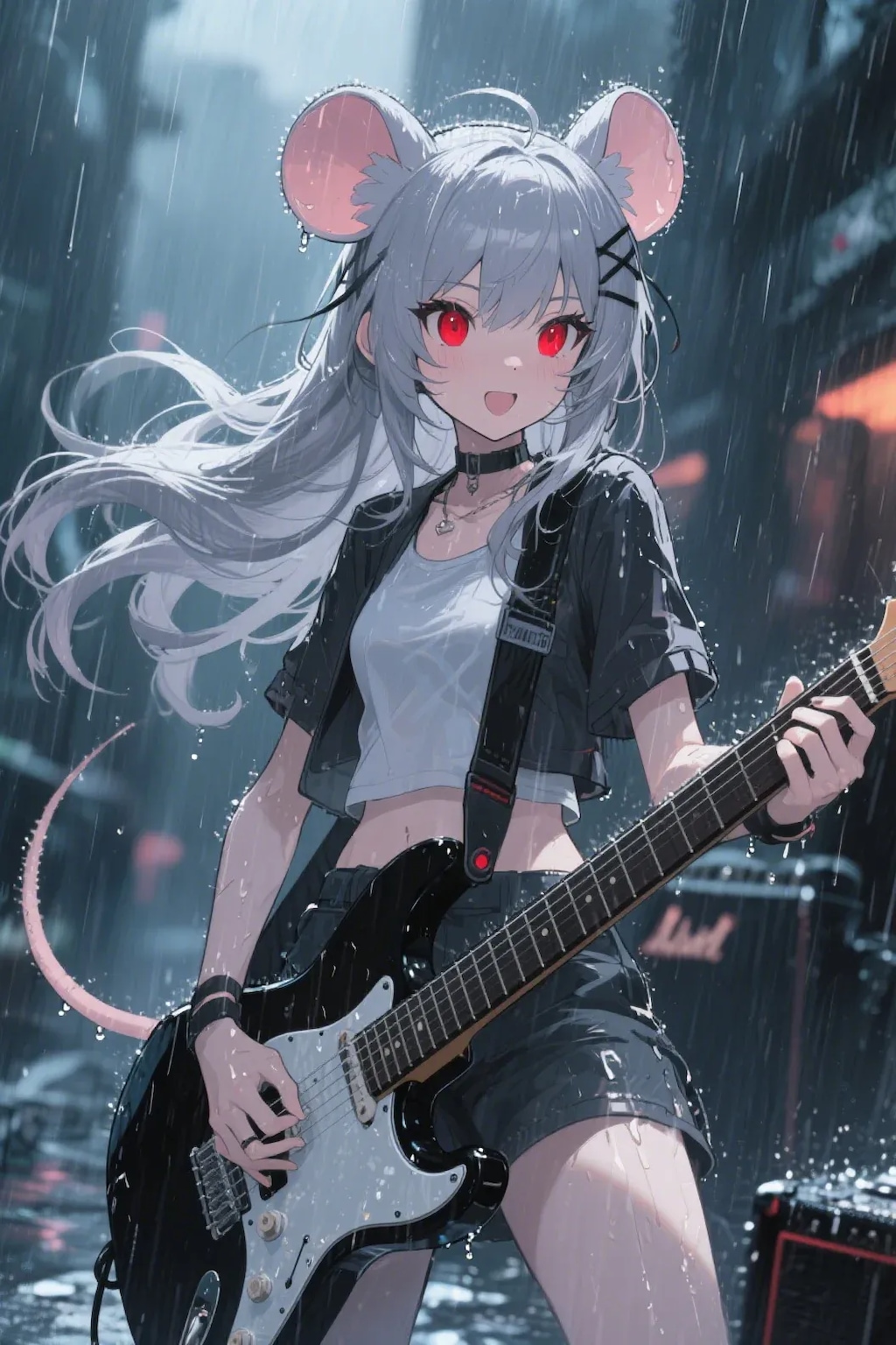 雨が降る中ゲリラライブをするポンコII