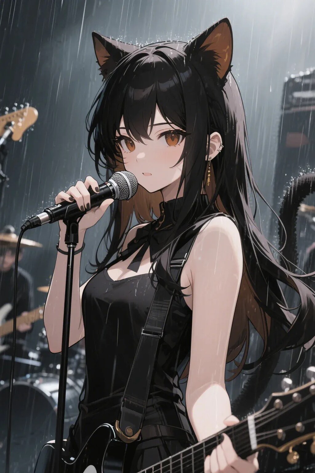 雨が降る中ゲリラライブをするポンコII