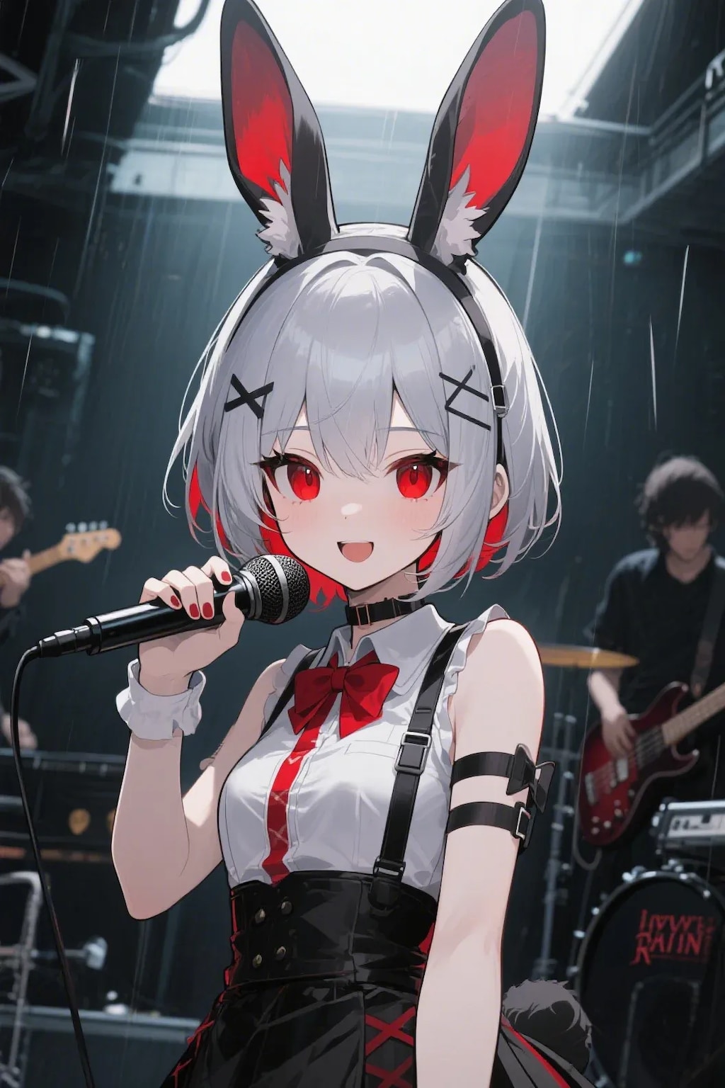 雨が降る中ゲリラライブをするポンコII