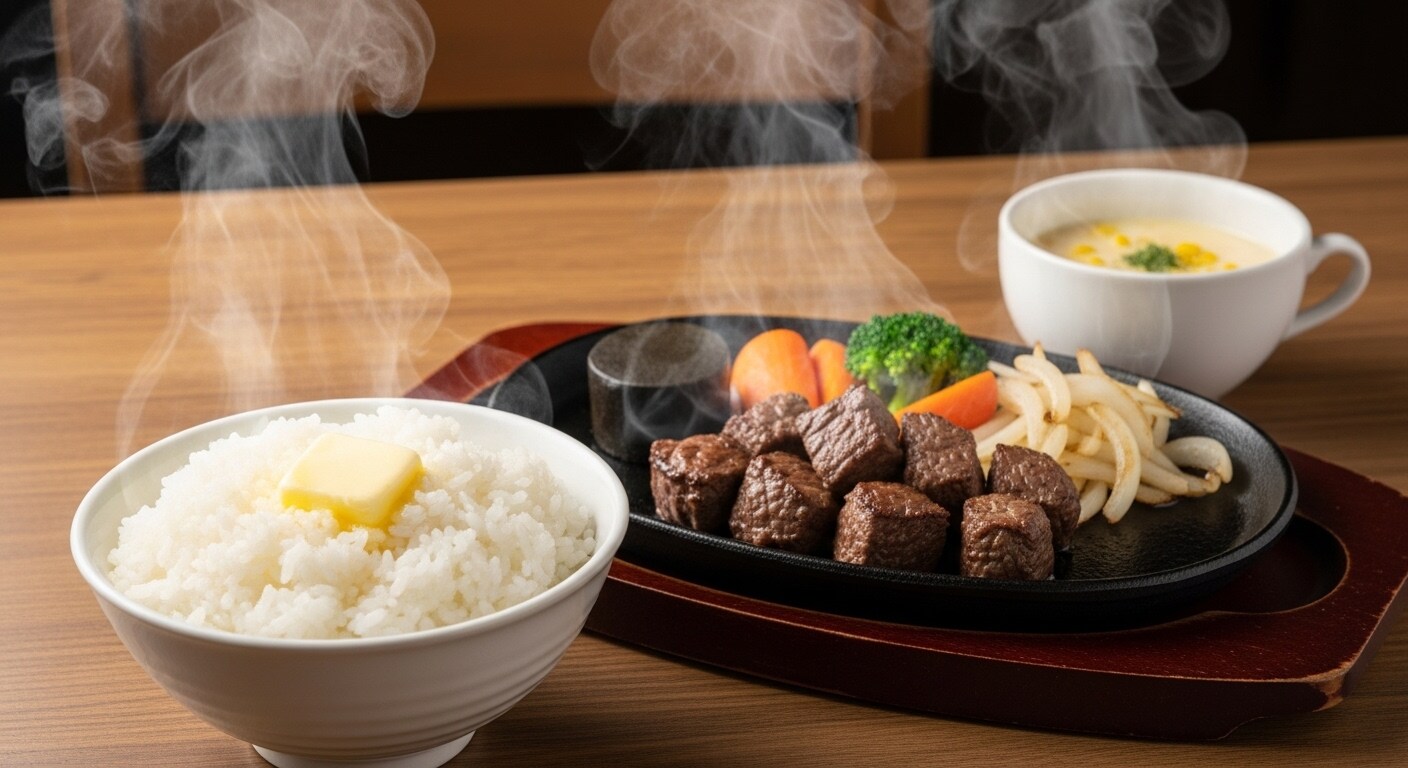 摩訶不思議食堂のサイコロステーキバターライス付き