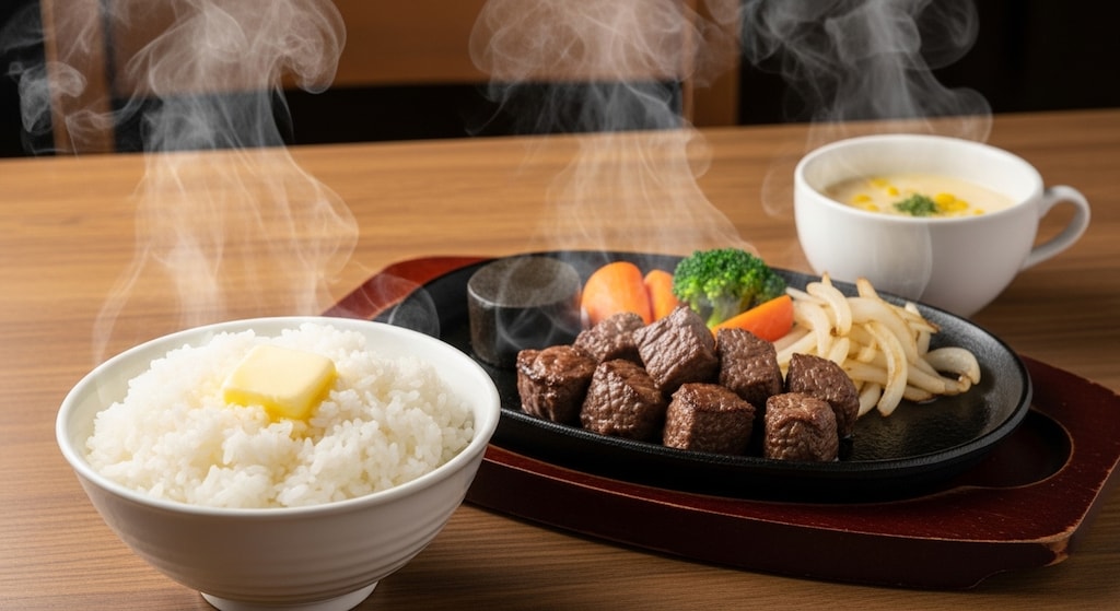 摩訶不思議食堂のサイコロステーキバターライス付き