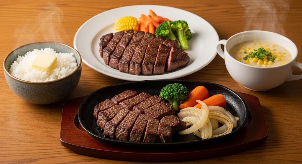 摩訶不思議食堂のサイコロステーキバターライス付き