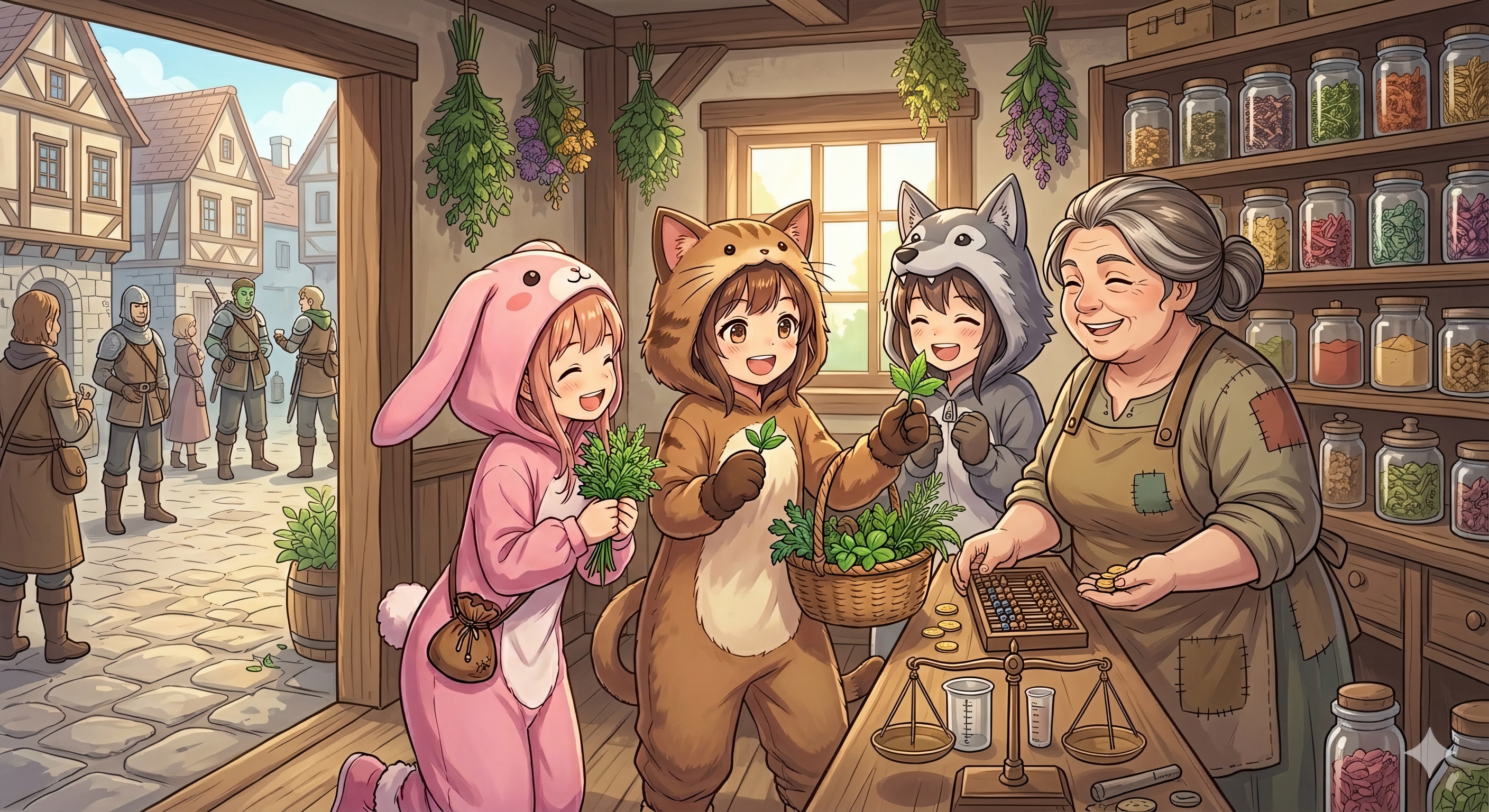 【All0411a】「薬草採取」のクエストが完了、依頼者の薬屋のおばちゃんに納品しに来た（モデル: NanoBanana2） | の人気AIイラスト・グラビア
