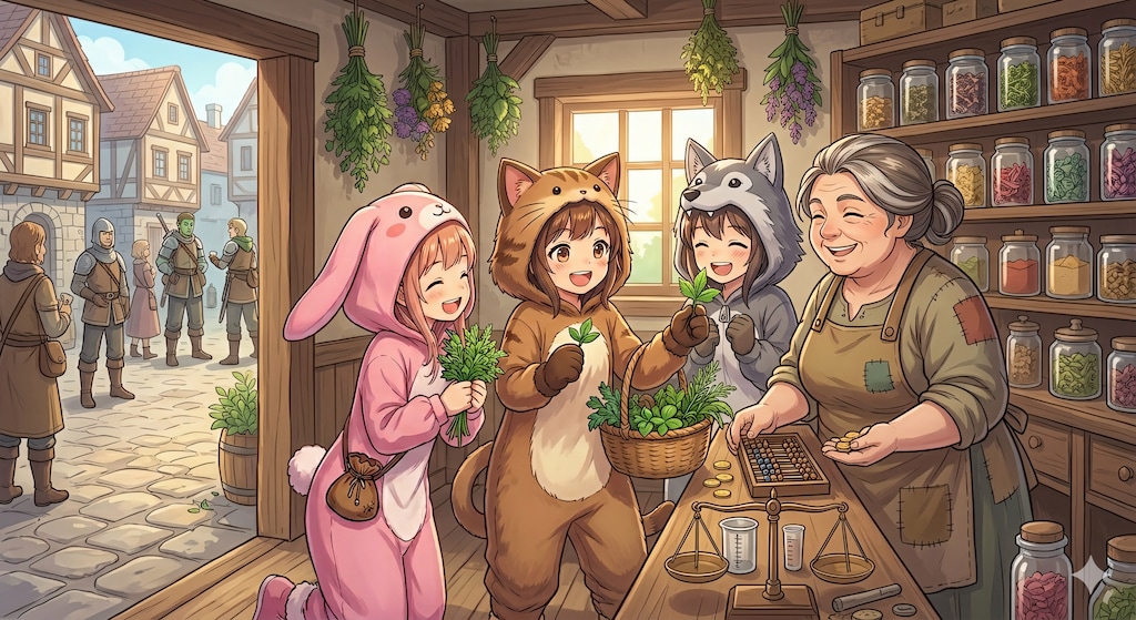 【All0411a】「薬草採取」のクエストが完了、依頼者の薬屋のおばちゃんに納品しに来た（モデル: NanoBanana2）