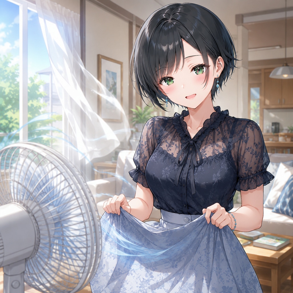 扇風機の風に当たる藍音ちゃん