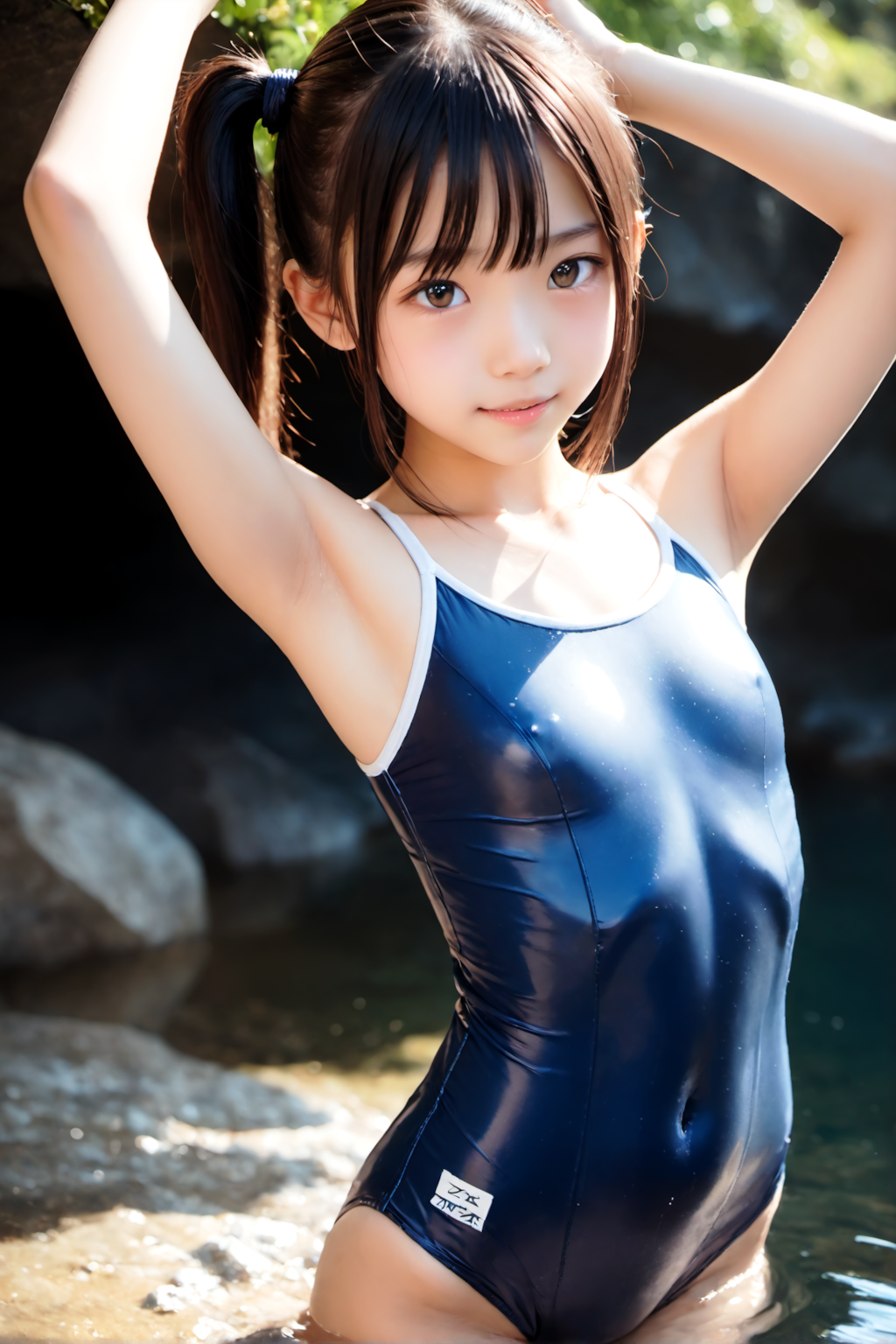 山の水辺でスク水 3