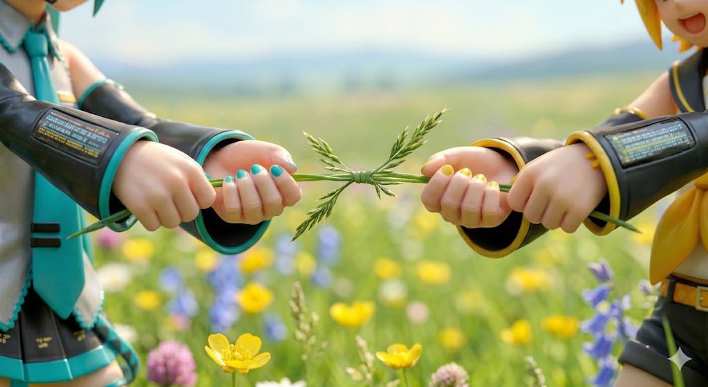 草相撲しているミクさんとリンさん