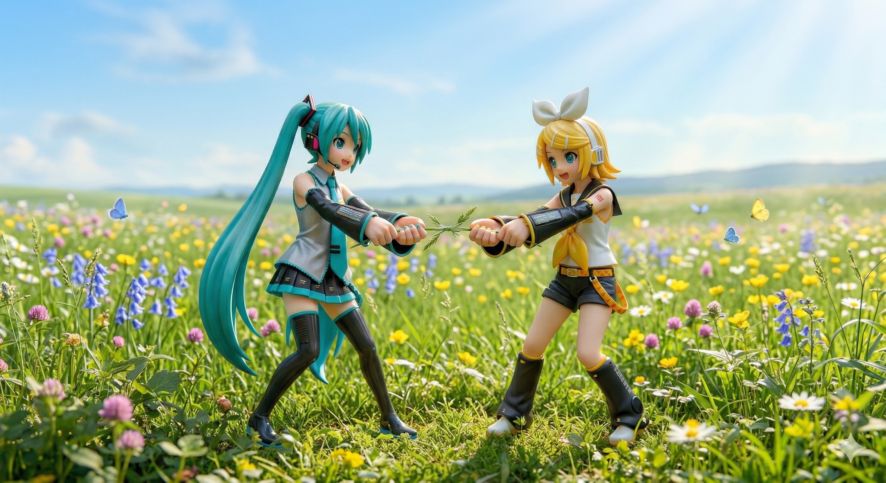 草相撲しているミクさんとリンさん | の人気AIイラスト・グラビア