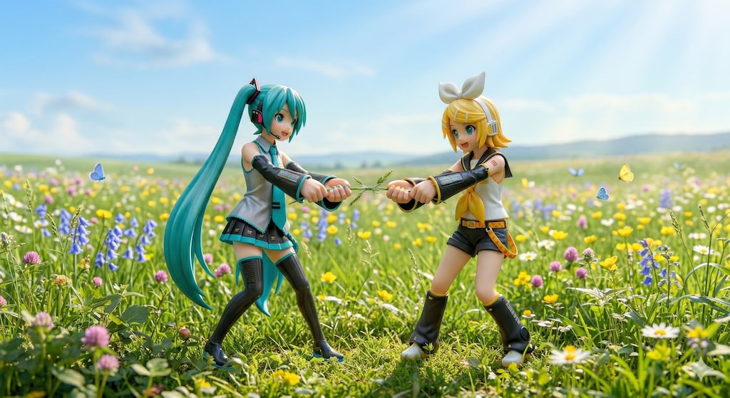 草相撲しているミクさんとリンさん