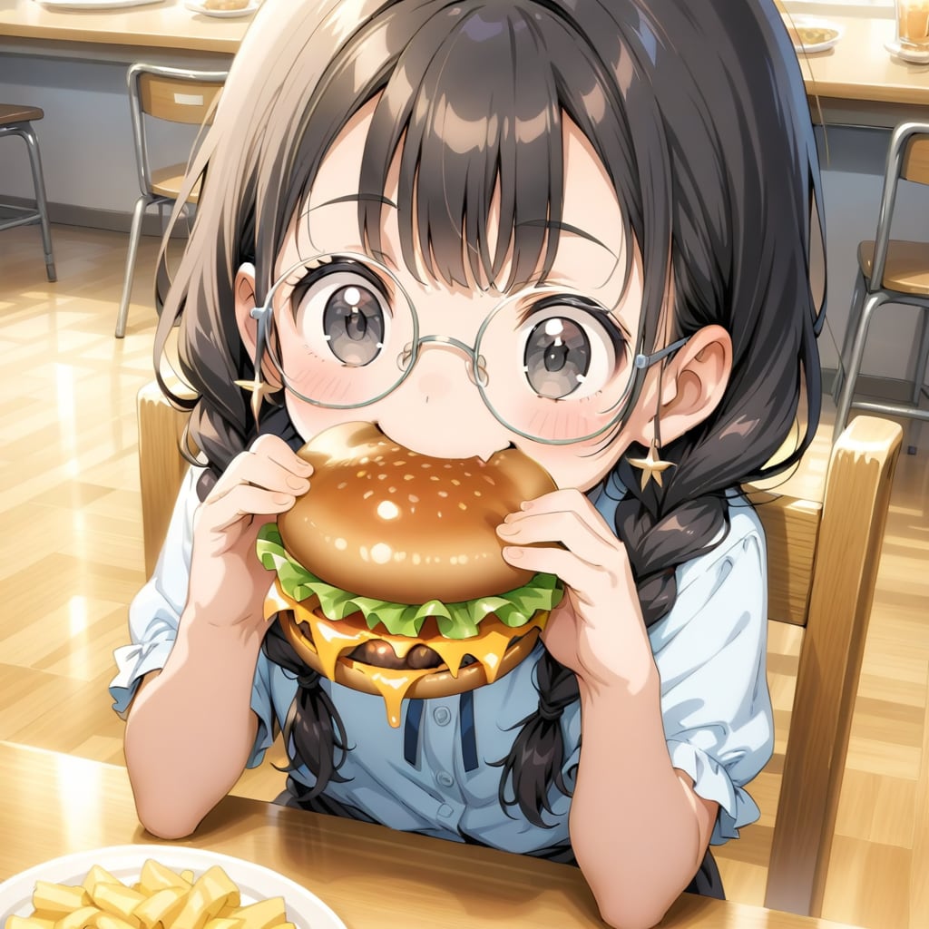 チーズバーガーを食べる三つ編み眼鏡っ娘