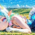 2枚）草原で寝そべるケモ耳エルフさん 2枚目