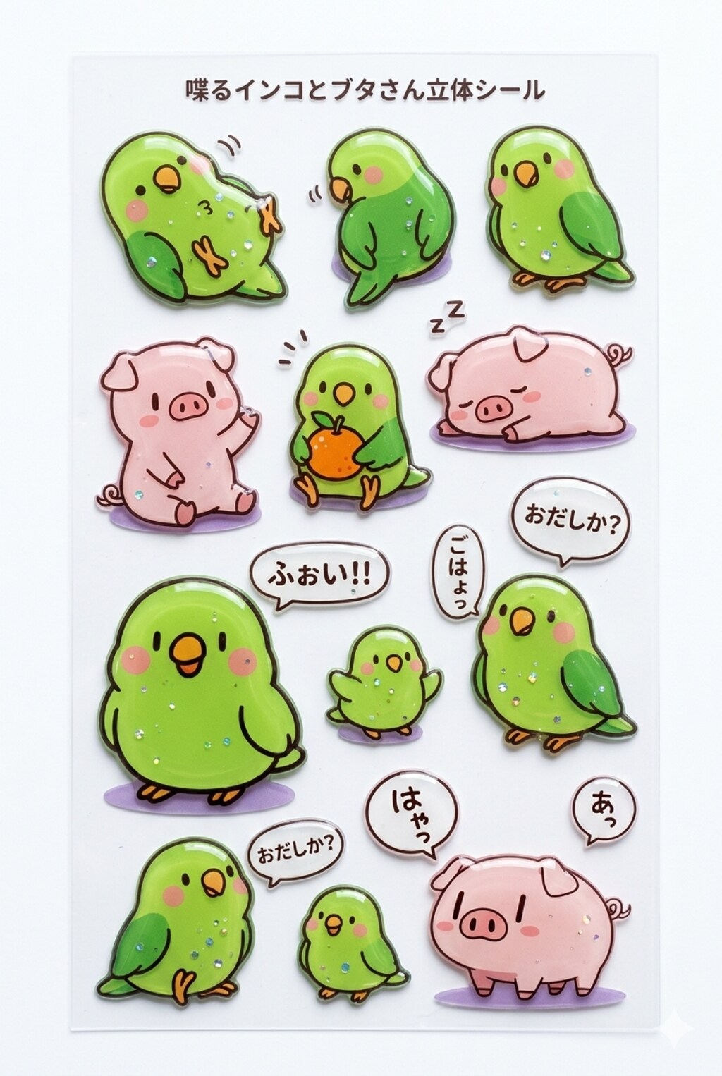 インコとブタさんの立体シール