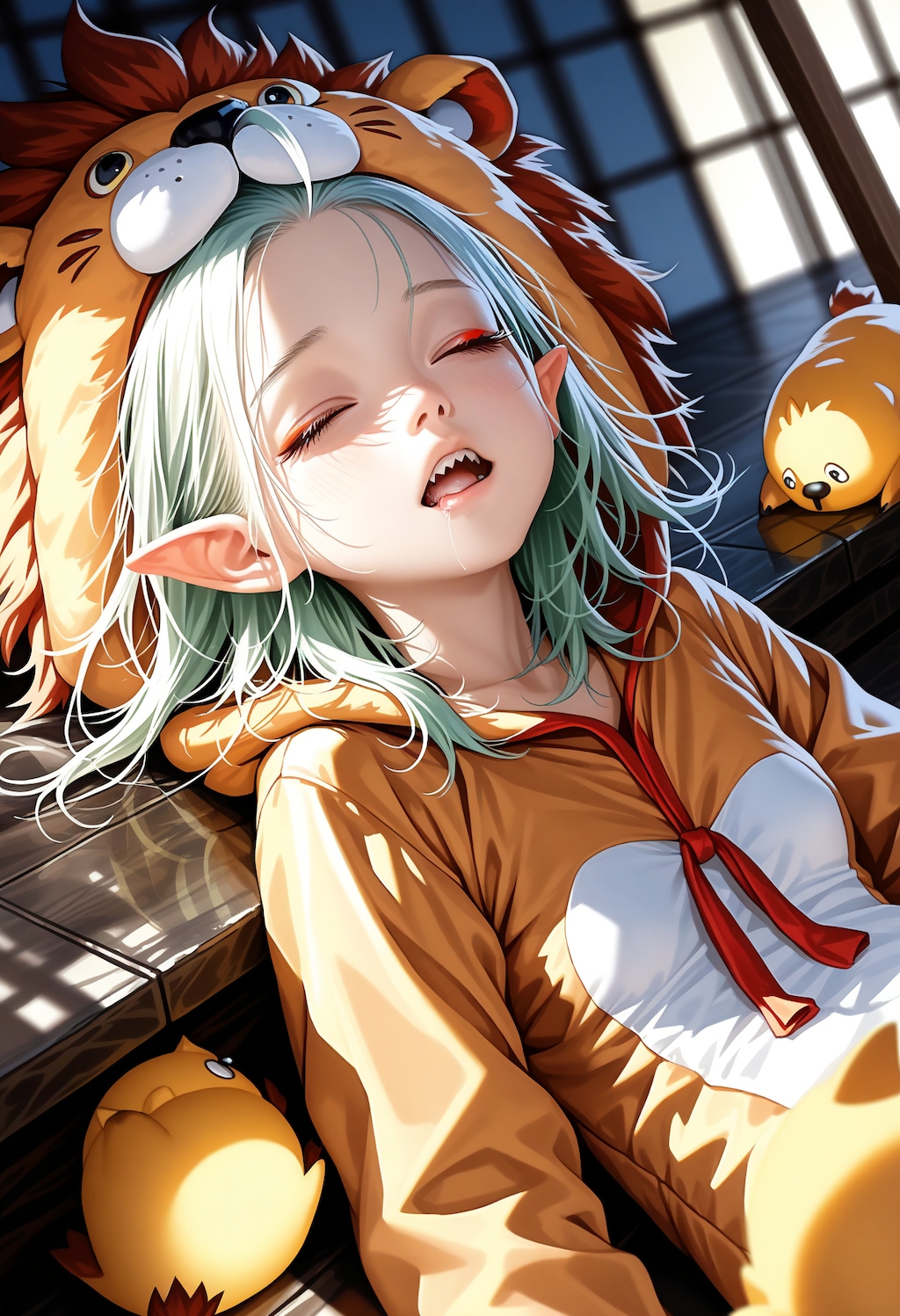 朝日を浴びる熟睡ライオン