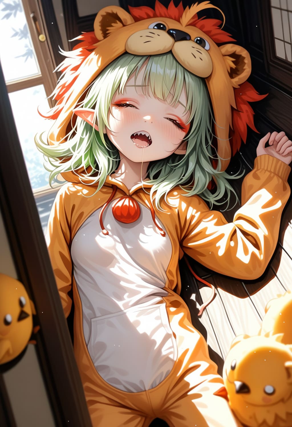 朝日を浴びる熟睡ライオン