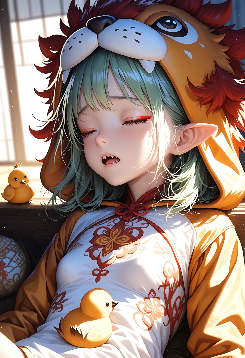 朝日を浴びる熟睡ライオン