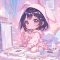 画像生成の為に白いPCを組み立てるかわいい黒髪のちびキャラ少女 2枚目