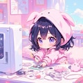 画像生成の為に白いPCを組み立てるかわいい黒髪のちびキャラ少女 3枚目
