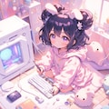画像生成の為に白いPCを組み立てるかわいい黒髪のちびキャラ少女 6枚目