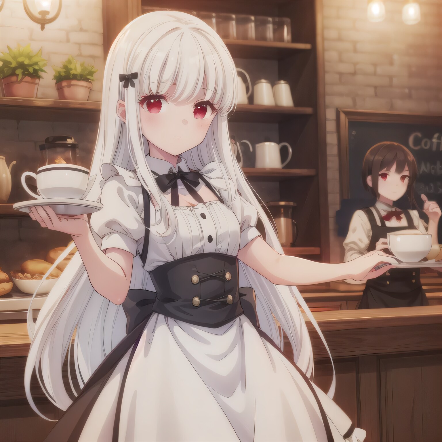 白髪ロングでカフェの少女４ | の人気AIイラスト・グラビア