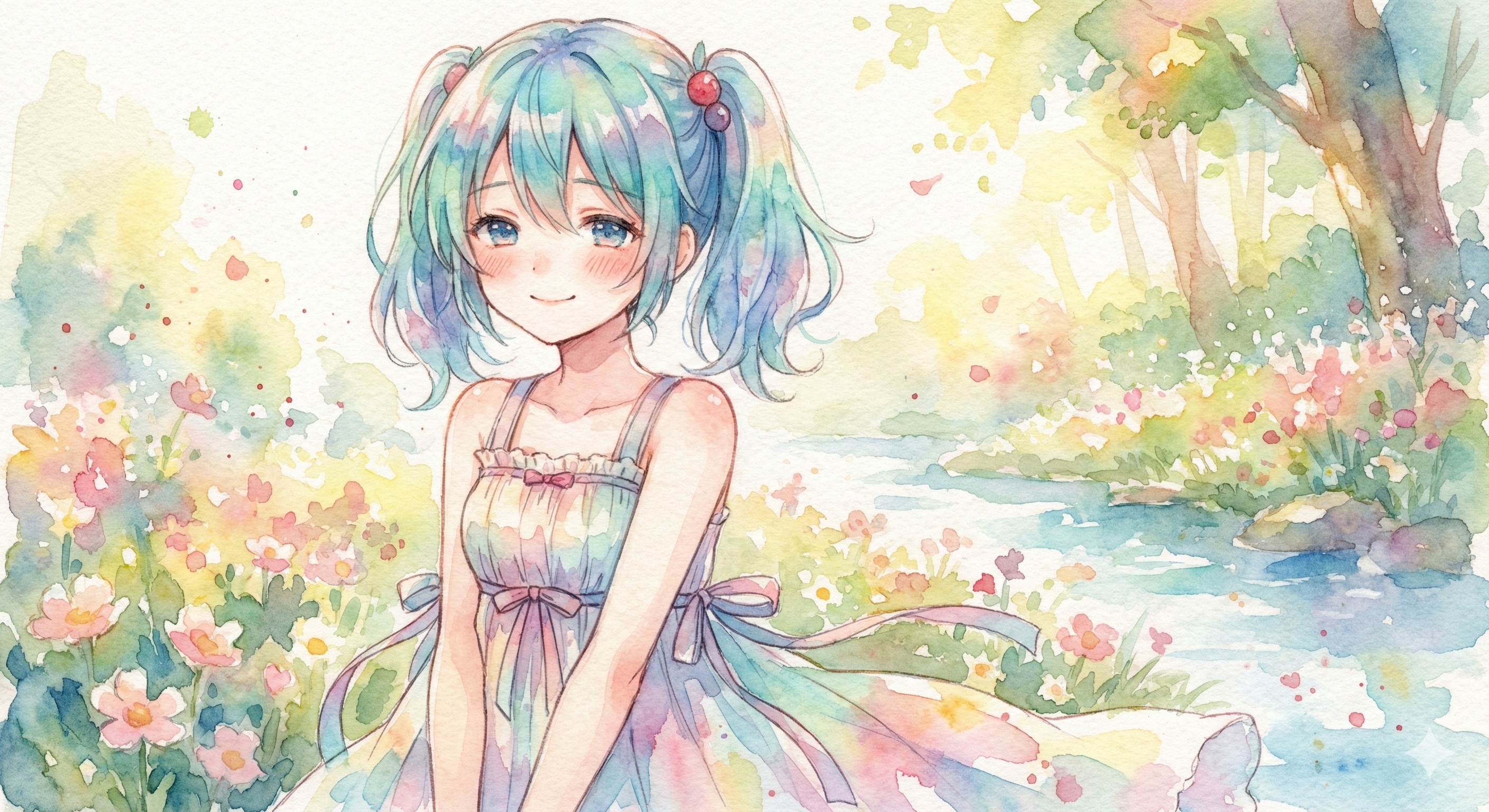 水彩画ミクさん　虹色せせらぎの歌姫 | の人気AIイラスト・グラビア