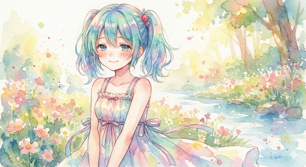 水彩画ミクさん　虹色せせらぎの歌姫
