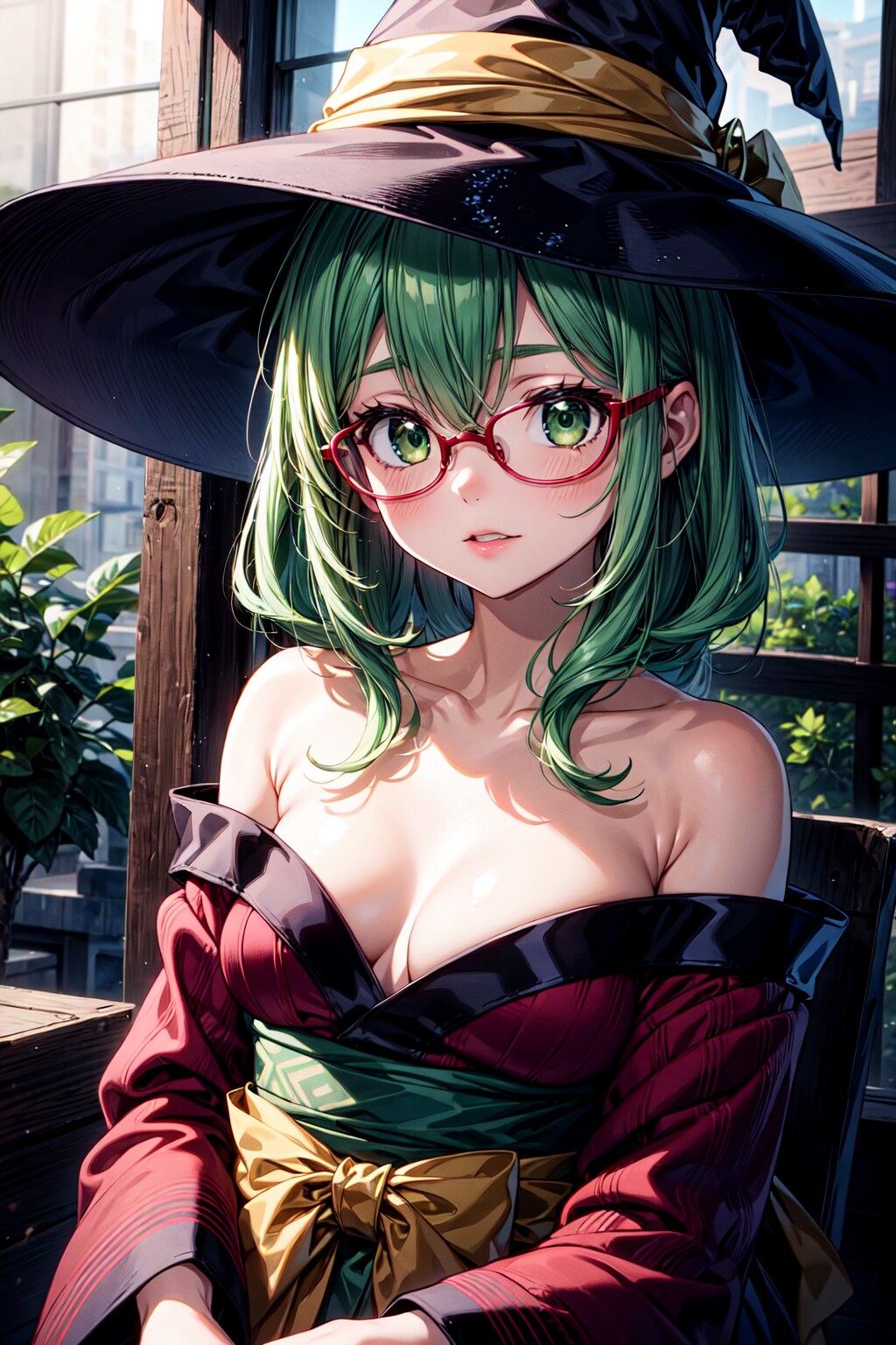 肩を出す和服魔女さん