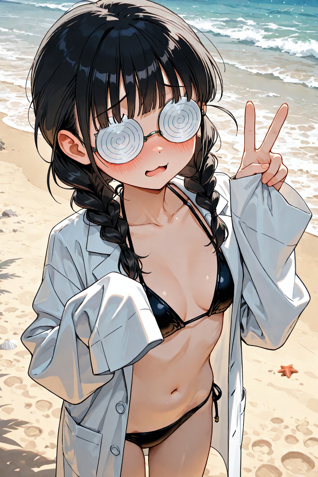 海に来た研究者おさげちゃん
