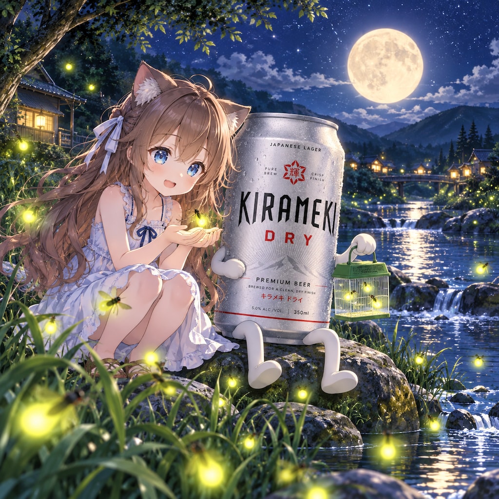 蛍と月と小さな女の子
