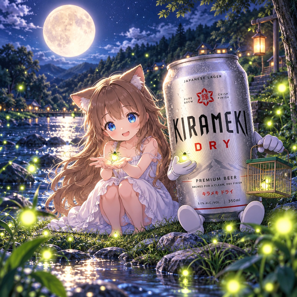 蛍と月と小さな女の子