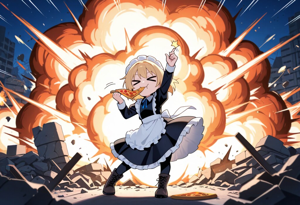 終末世界にておピッツァ指パッチン爆発を披露されるメイドさん