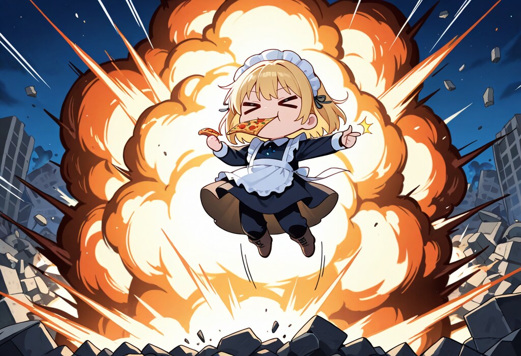 終末世界にておピッツァ指パッチン爆発を披露されるメイドさん
