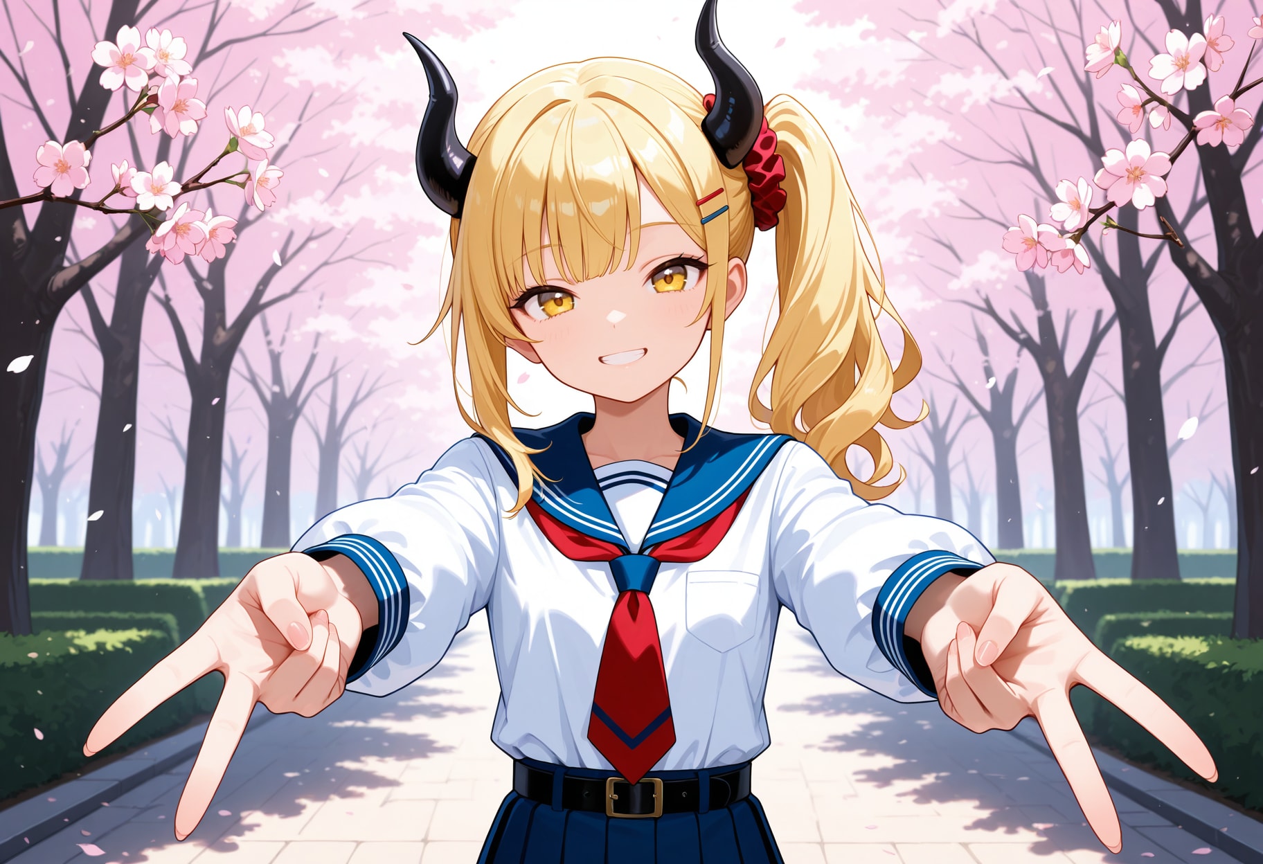 桜とギャルピースな女鬼高生さん | の人気AIイラスト・グラビア