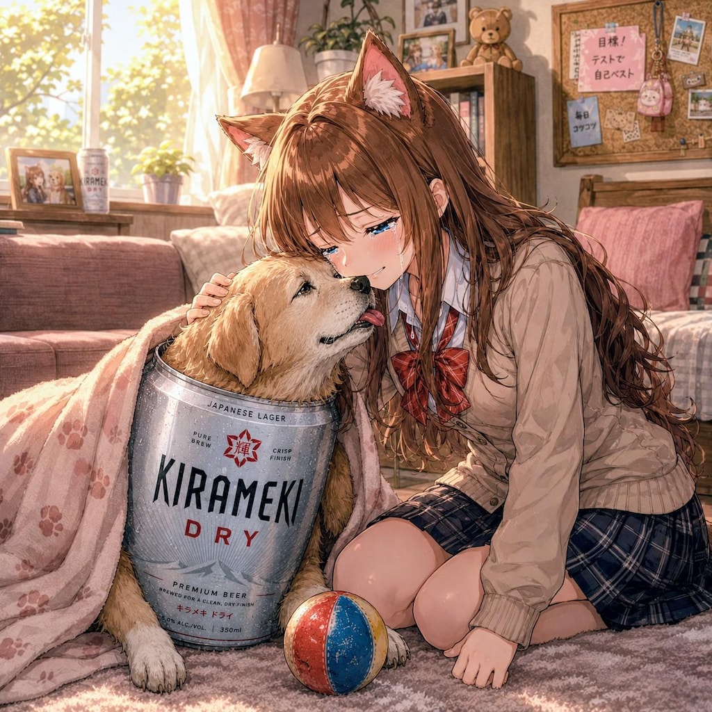 女の子と友だちのビール犬