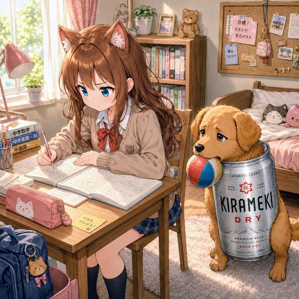 女の子と友だちのビール犬