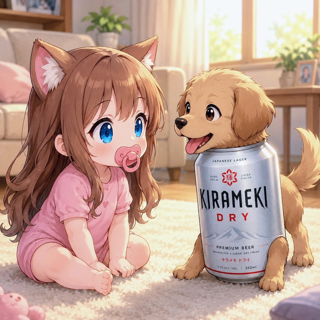 女の子と友だちのビール犬