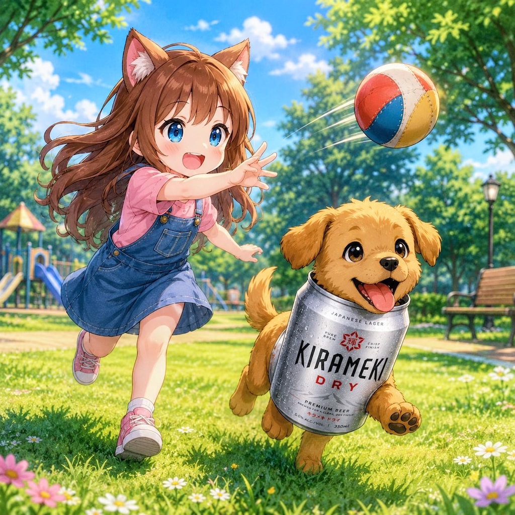 女の子と友だちのビール犬