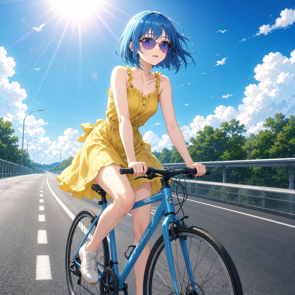 青空の下、風を感じる少女