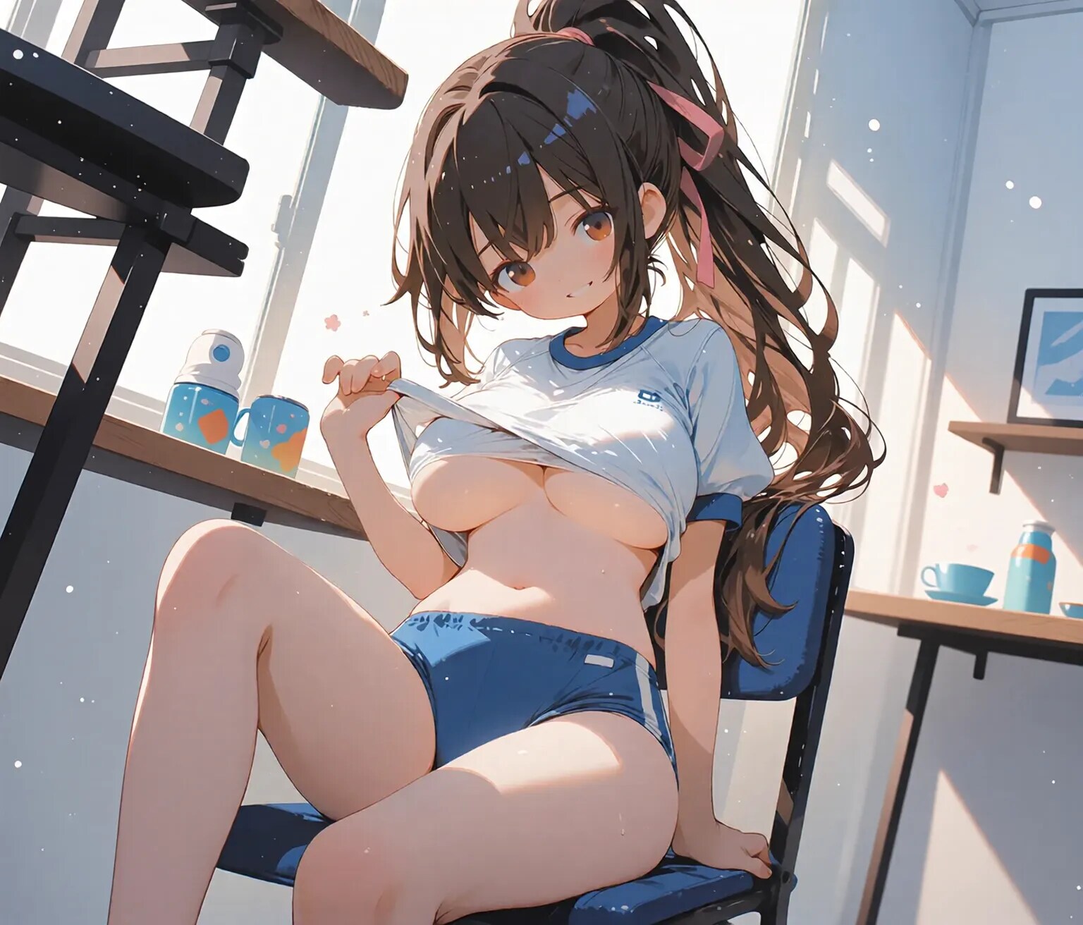 「汗かいたし、脱いじゃおっと」チラッ