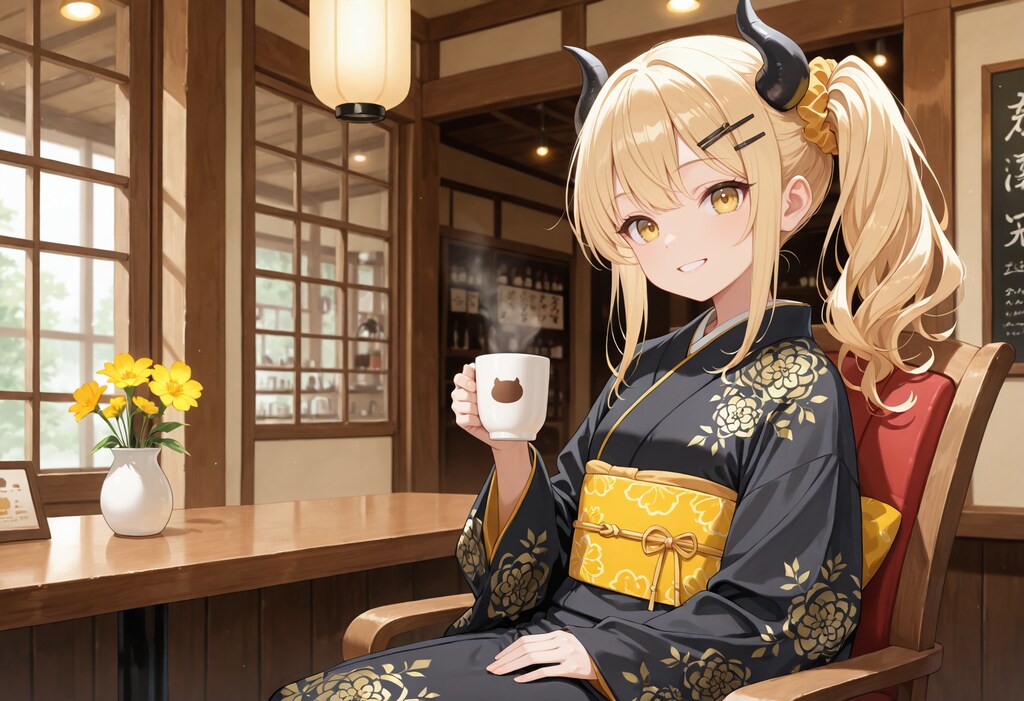 着物で喫茶店で寛ぐ女鬼高生さん