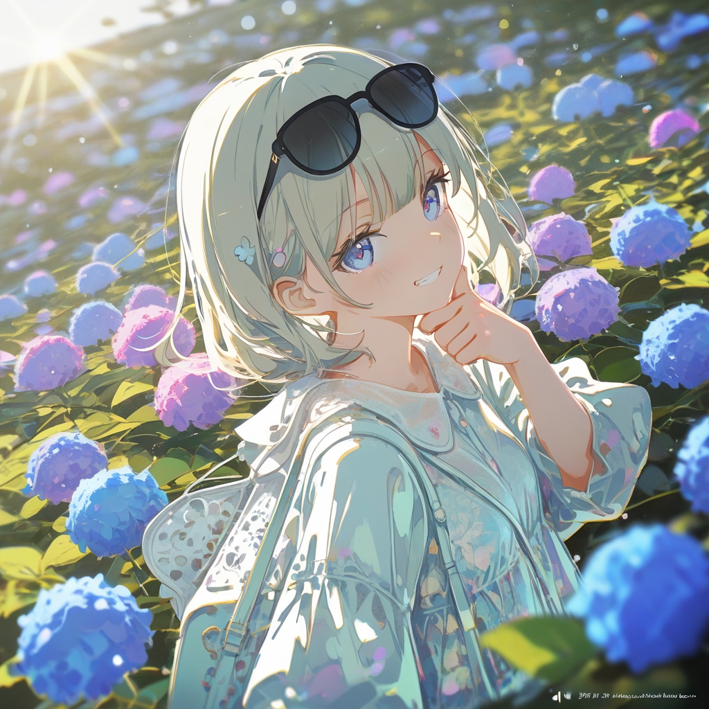 朝露のアジサイ畑でニヤリ | の人気AIイラスト・グラビア