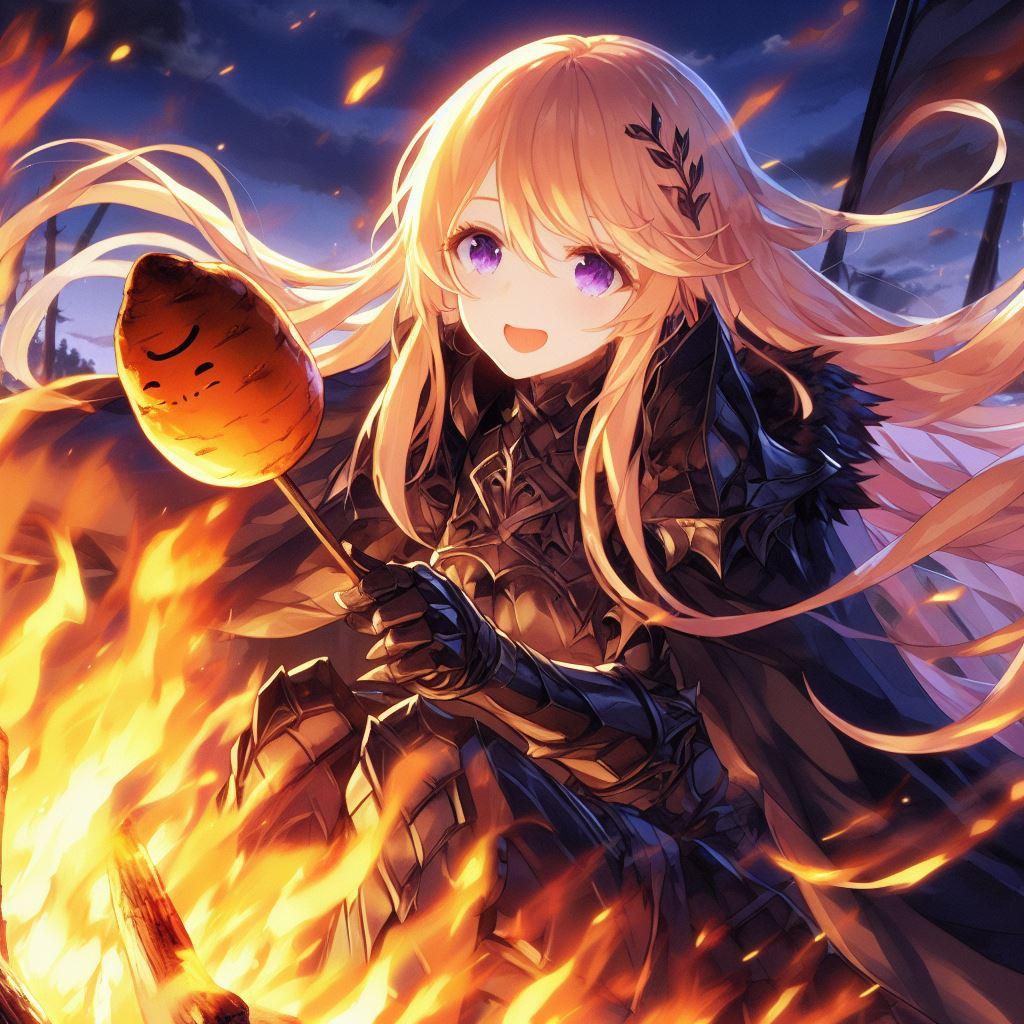秋、焼き芋をするブロンドの女騎士さん
