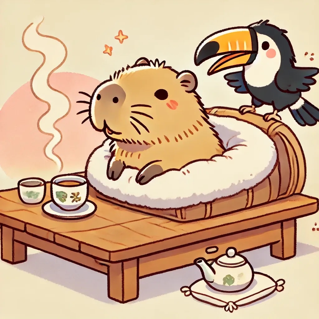 くつろぐカピバラとおしゃべりオオハシ