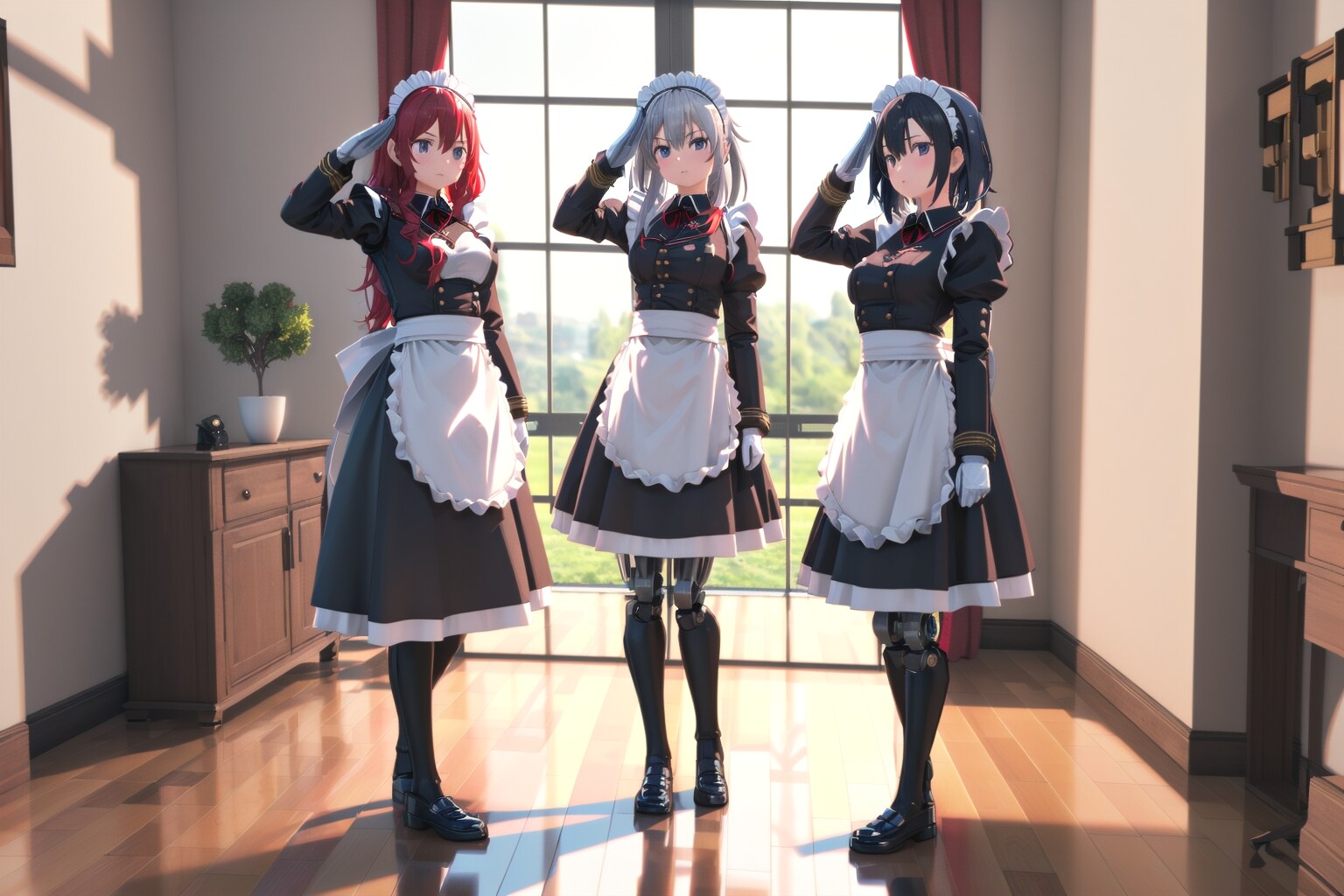 敬礼する３人メカメイド娘