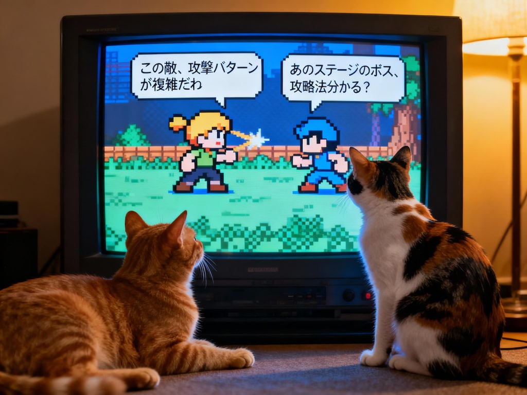 Seedream 4.0でゲームを見てるねこさんに喋ってもらった