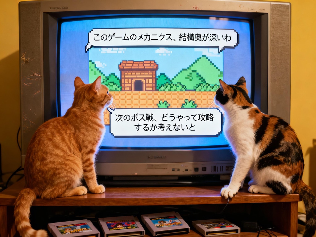 Seedream 4.0でゲームを見てるねこさんに喋ってもらった