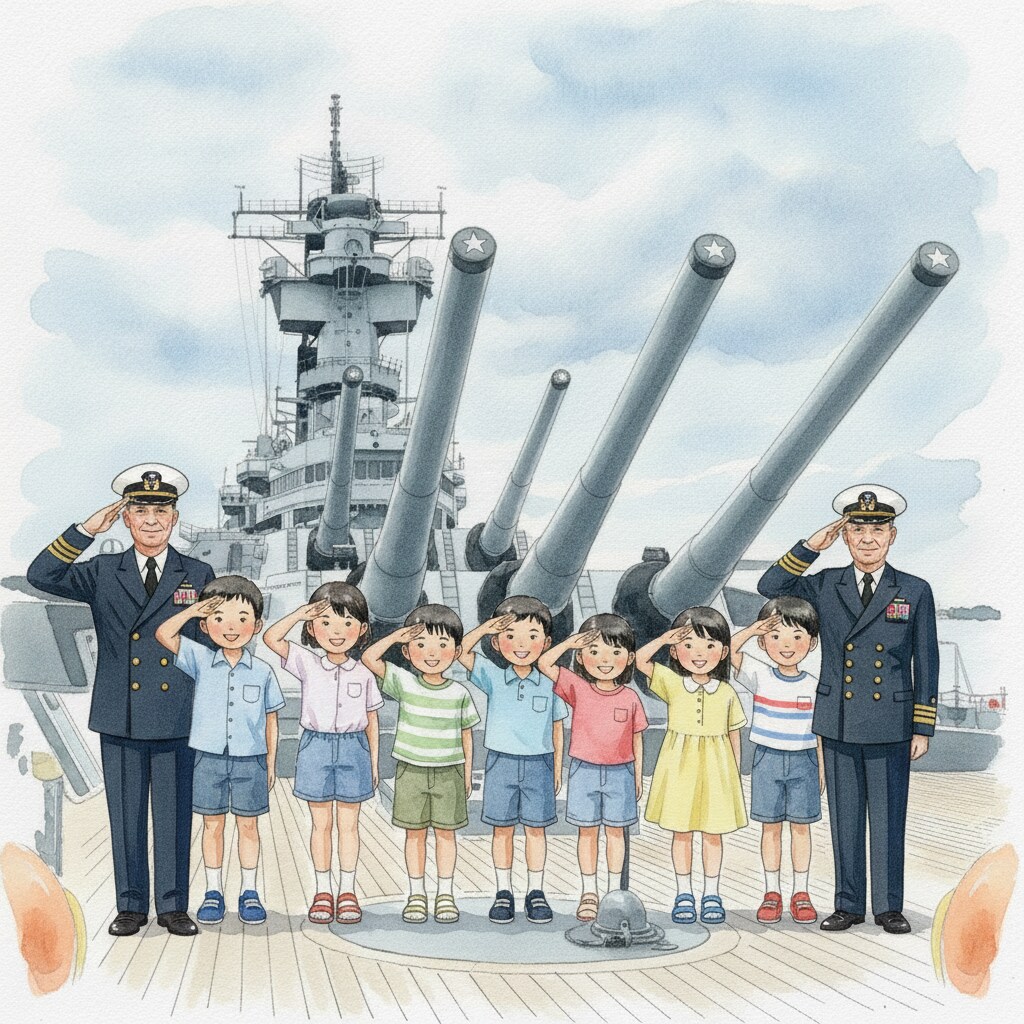 アメリカ ニュージャージー州カムデン 戦艦ニュージャージーの甲板上で日本の小学校の子供達と戦艦ニュージャージー元艦長の退役軍人も2名参加して子供達と一緒に笑顔で敬礼し記念撮影 | の人気AIイラスト・グラビア